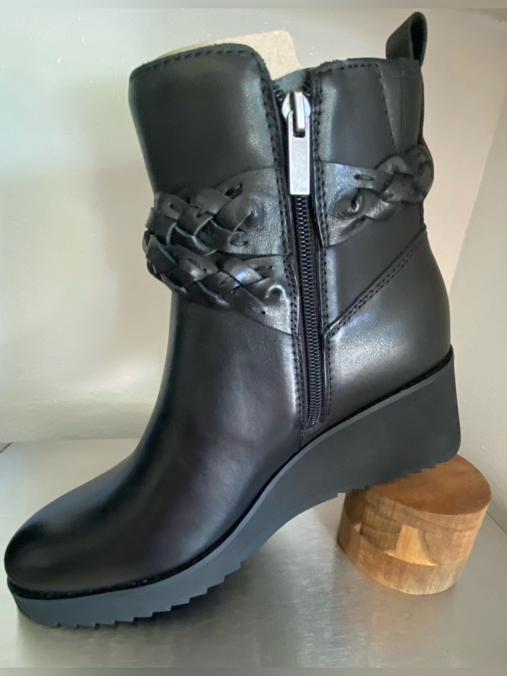 NEW-EARTH WOMENS LEATHER WEDGE ZIP UP ANKLE BOOTS WITH BRAIDED STRAP - Picture 11 of 16